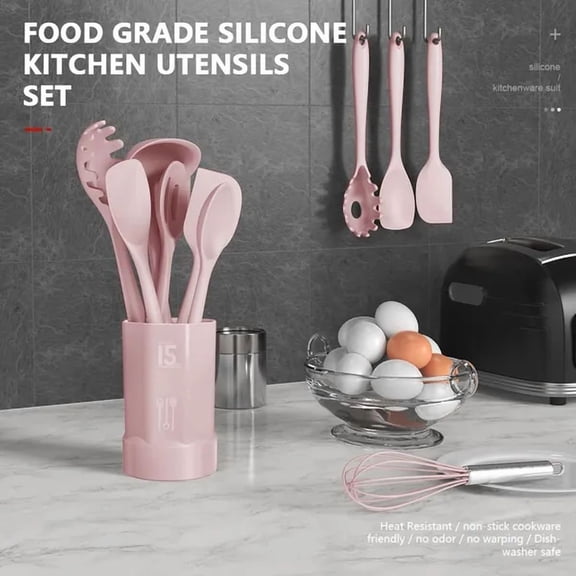 Silicone Cooking Utensils Set - 446F Heat Resistant Kitchen Utensils, Spatula,Turner Tongs,Spoon,Whisk,Kitchen Utensil Gadgets Tools Set for Nonstick Cookware,Dishwasher Safe BPA Free(Pink)