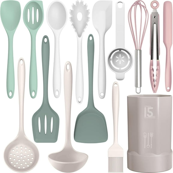Silicone Cooking Utensils Set - 446°F Heat Resistant Kitchen Utensils,Turner Tongs,Spatula,Spoon,Brush,Whisk,Kitchen Utensil Gadgets Tools Set for Nonstick Cookware,Dishwasher Safe (BPA Free)