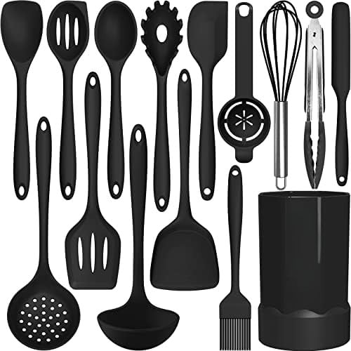 Silicone Cooking Utensils Set - 446°F Heat Resistant Kitchen Utensils,Turner Tongs,Spatula,Spoon,Brush,Whisk,Kitchen Utensil Gadgets Tools Set for Nonstick Cookware,Dishwasher Safe (BPA Free) Black