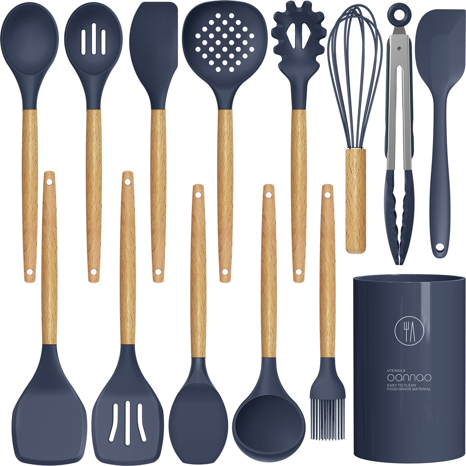 Silicone Cooking Utensils Set - 446°F Heat Resistant Silicone Kitchen Utensils for Cooking,Kitchen Utensil Spatula Set w Wooden Handles and Holder, BPA FREE Gadgets for Non-Stick Cookware (Navy Blue)