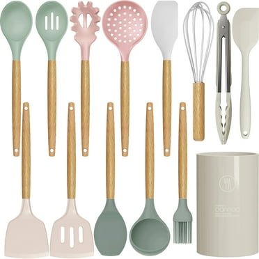 Silicone Cooking Utensils Set - 446°F Heat Resistant Silicone Kitchen Utensils for Cooking,Kitchen Utensil Spatula Set w Wooden Handles and Holder, BPA FREE Gadgets for Non-Stick Cookware (Colorful)