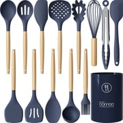 Silicone Cooking Utensils Set - 446°F Heat Resistant Silicone Kitchen Utensils for Cooking,Kitchen Utensil Spatula Set w Wooden Handles and Holder, BPA FREE Gad