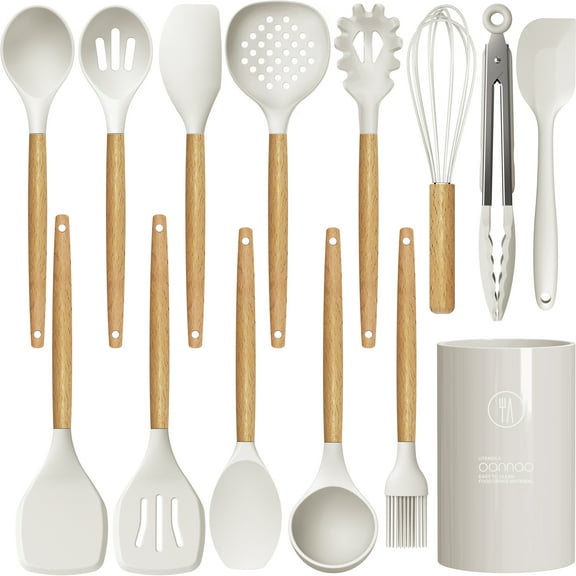 Silicone Cooking Utensils Set - 446°F Heat Resistant Silicone Kitchen Utensils for Cooking,Utensil Spatula Set w Wooden Handles and Holder, BPA FREE Gadgets for Non-Stick Cookware (Cream White)