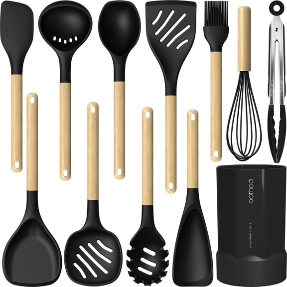 Silicone Cooking Utensils Set, 446F Heat Resistant Silicone Kitchen Utensils for Nonstick Cookware, Kitchen Gadgets Spatula Set, Spoon, Turner, Tongs, Ladle, Whisk, BPA FREE (Black)