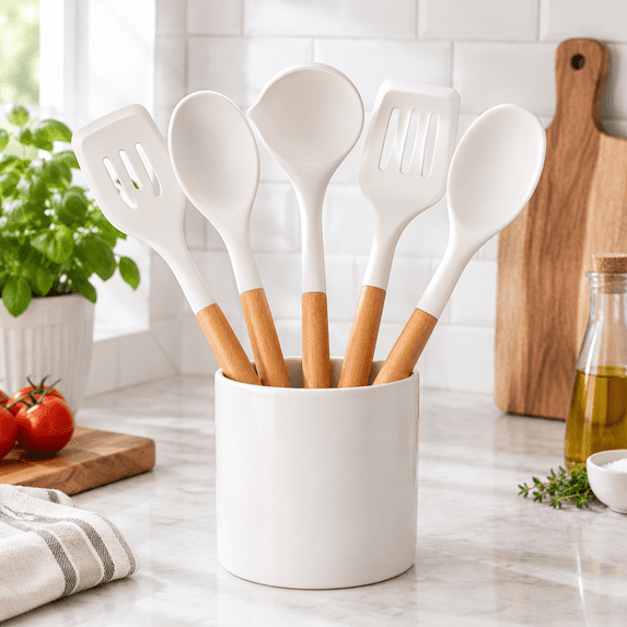 Silicone Cooking Utensils Set 5 Large Non-stick Kitchen Wooden Handle ...