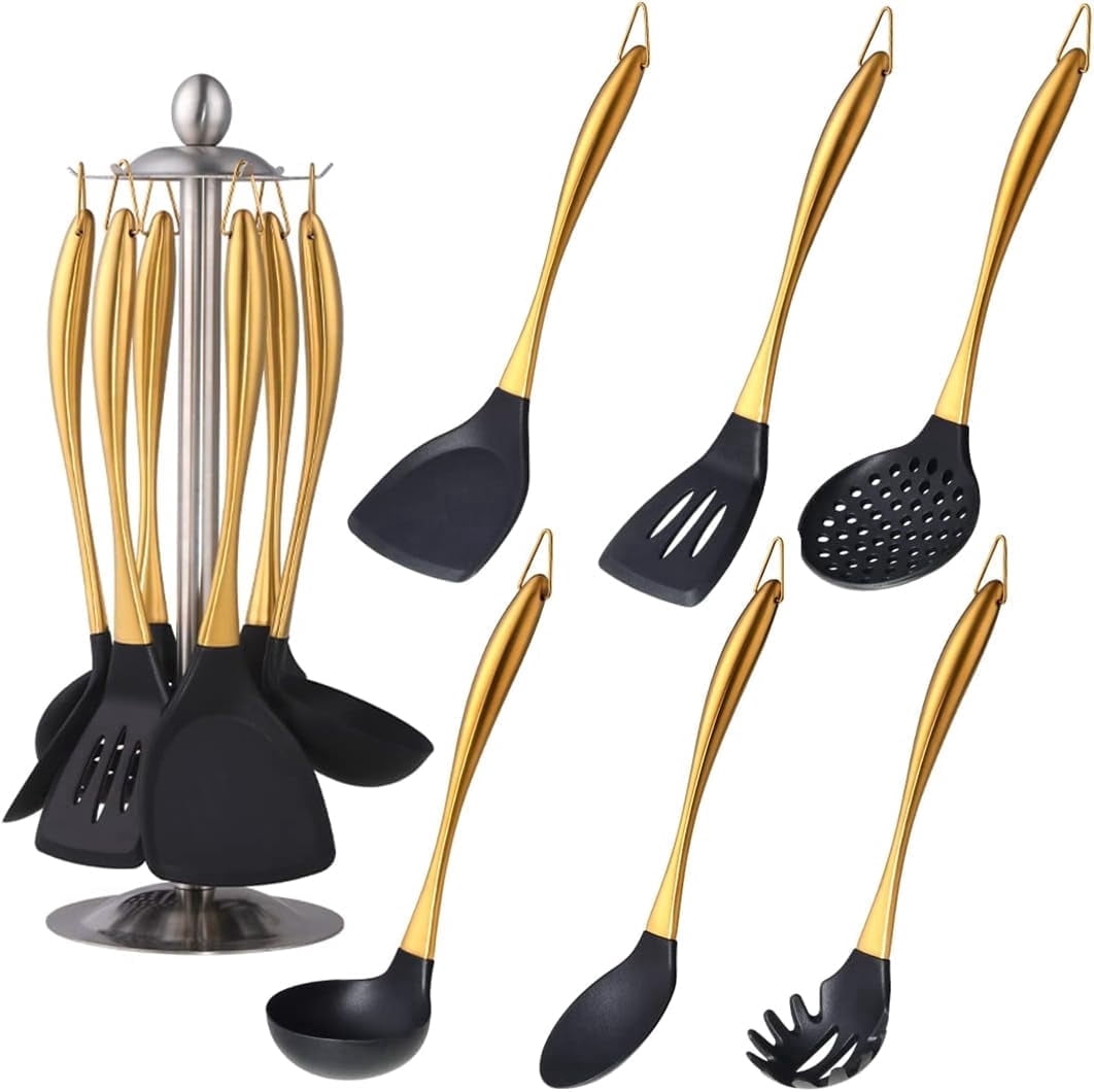 Silicone Cooking Utensils Set, 6-Piece Non-Stick Kitchen Utensil Set with Titanium Stainless Steel Handles & Holder, Spatula, Spoon, Tongs for Baking, Grilling & Frying - Dishwasher Safe,  Gold