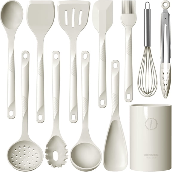 Silicone Cooking Utensils Set - 600F Heat Resistant, Nonstick Kitchen Utensil Set with Spatulas, Spoons, Whisk, Tongs, BPA Free, Dishwasher Safe, Cream White