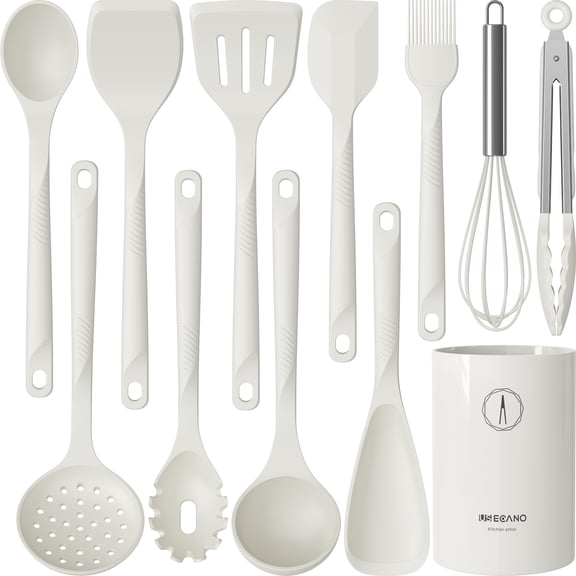 Silicone Cooking Utensils Set - 600°F Heat Resistant, Nonstick Kitchen Utensil Set with Spatulas, Spoons, Whisk, Tongs, BPA Free, Dishwasher Safe, Cream White