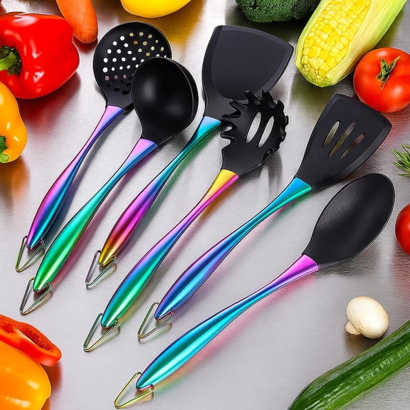 Silicone Cooking Utensils Set, 9Pcs Kitchen Utensil Set with Stainless Steel Handle, Heat-Resistant Silicone Utensils for Cooking, Non-Stick Spatula Set with Spoons, Turners, Ladle (Rainbow)