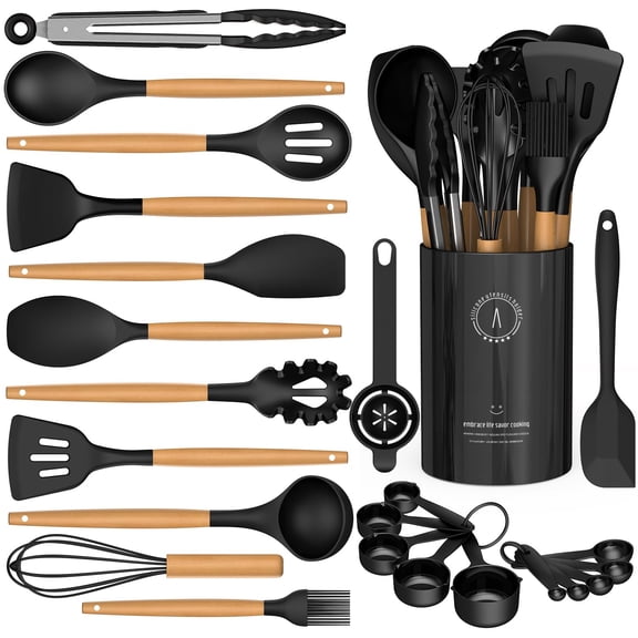 Silicone Cooking Utensils Set - AVGPD Silicone Kitchen Utensils for Cooking Wooden Handles, 446F Heat Resistant Kitchen Utensil Spatula Sets, Gadgets for Non-Stick Cookware BPA FREE (Black)