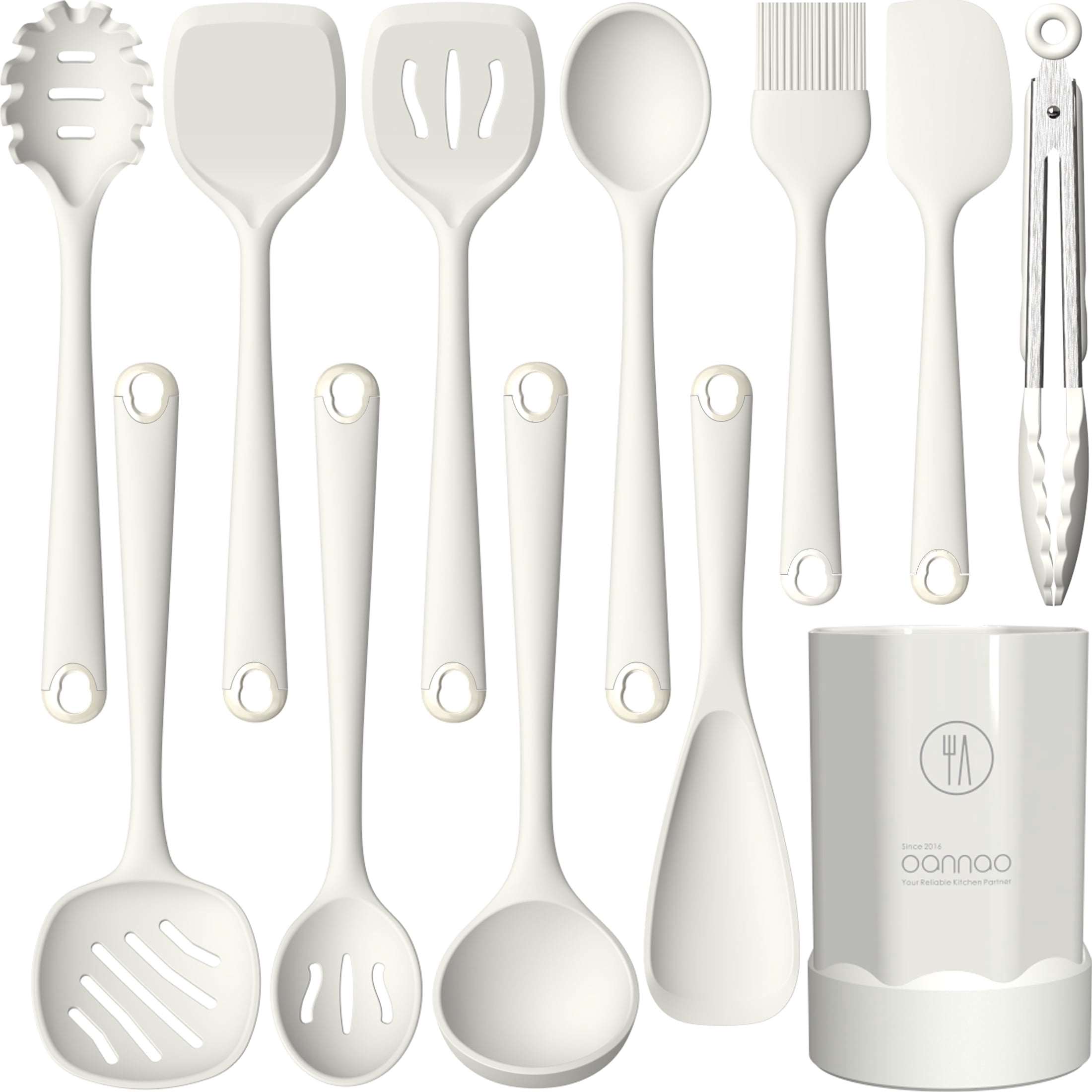 Silicone Kitchen Utensils Set, 600°F Heat Resistant Silicone Cooking Utensils, Spatula, Spoon, Whisk, Tongs, Kitchen Gadgets Tools Sets for Nonstick Cookware, Dishwasher Safe BPA Free (Cream White)
