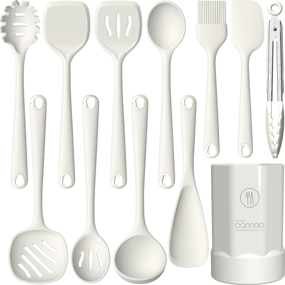 Silicone Kitchen Utensils Set, 600°F Heat Resistant Silicone Cooking Utensils, Spatula, Spoon, Whisk, Tongs, Kitchen Gadgets Tools Sets for Nonstick Cookware, Dishwasher Safe BPA Free (Cream White)