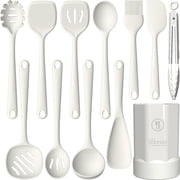 Silicone Kitchen Utensils Set, 600 F Heat Resistant Silicone Cooking Utensils, Spatula, Spoon, Whisk, Tongs, Kitchen Gadgets Tools Sets for Nonstick Cookware, Dishwasher Safe BPA Free Cream White
