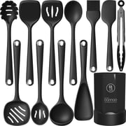 Silicone Kitchen Utensils Set, 600 F Heat Resistant Silicone Cooking Utensils, Spatula, Spoon, Whisk, Tongs, Kitchen Gadgets Tools Sets for Nonstick Cookware, Dishwasher Safe BPA Free Black