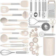 Silicone Cooking Utensils Set - Heat Resistant Silicone Kitchen Utensils for Cooking, Kitchen Utensil Spatula Set w Holder,BPA FREE Kitchen Gadgets Tools for Non-Stick Cookware Dishwasher Safe (Khaki)