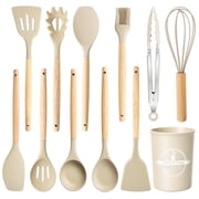 Silicone Cooking Utensils Set, Heat Resistant Kitchen Cooking Utensils Set, 12 PCS Handle Silicone Kitchen Gadgets Utensil Set, Khaki