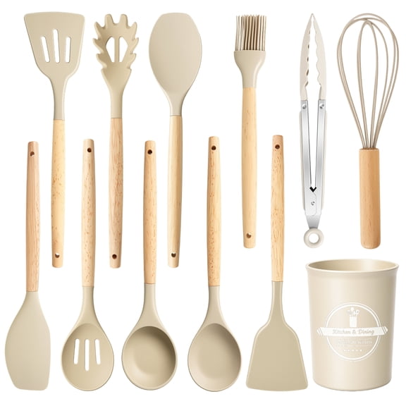 Silicone Cooking Utensils Set, Heat Resistant Kitchen Cooking Utensils Set, 12 PCS Handle Silicone Kitchen Gadgets Utensil Set, Khaki