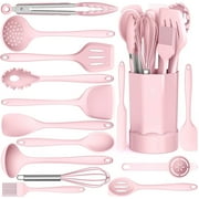 Silicone Cooking Utensils Set - Heat Resistant Kitchen Utensils BPA FREE,Turner Tongs,Spatula,Spoon,Brush,Whisk,Kitchen Utensil Gadgets Tools Set for Nonstick Cookware,Dishwasher Safe Pink