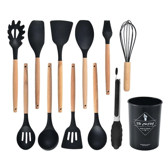 12-Piece Silicone Cooking Utensils Set with Wooden Handles, Heat Resistant Non-Stick Kitchen Gadgets (Black)