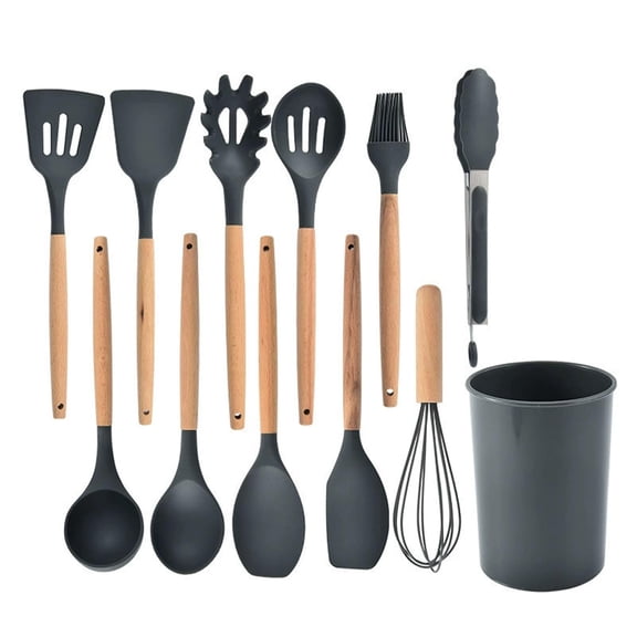 12-Piece Silicone Cooking Utensils Set with Wooden Handles, Heat Resistant Non-Stick Kitchen Gadgets (Gray)