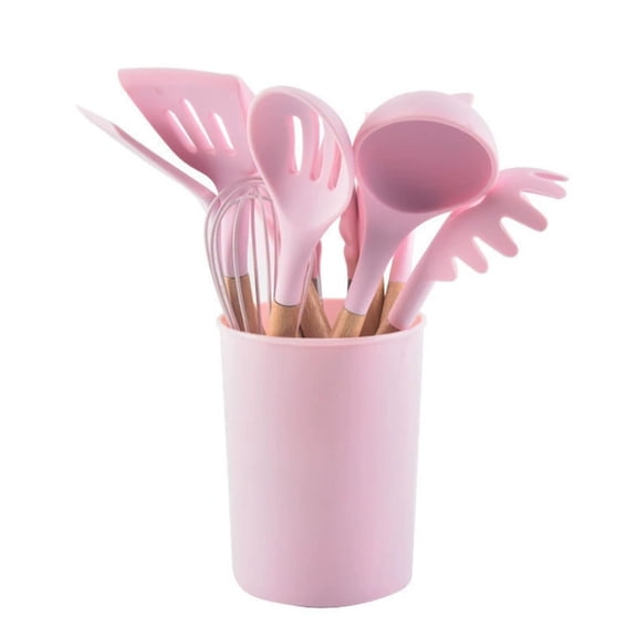 12-Piece Silicone Cooking Utensils Set with Wooden Handles, Heat Resistant Non-Stick Kitchen Gadgets (Pink)