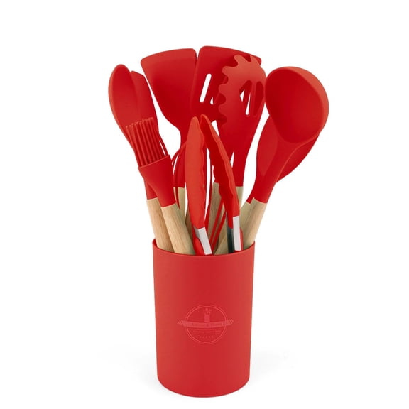 12-Piece Silicone Cooking Utensils Set with Wooden Handles, Heat Resistant Non-Stick Kitchen Gadgets (Red)