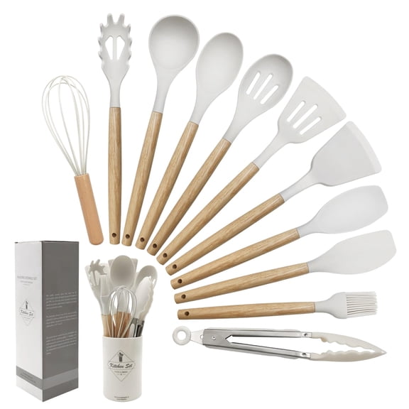 12-Piece Silicone Cooking Utensils Set with Wooden Handles, Heat Resistant Non-Stick Kitchen Gadgets (White)