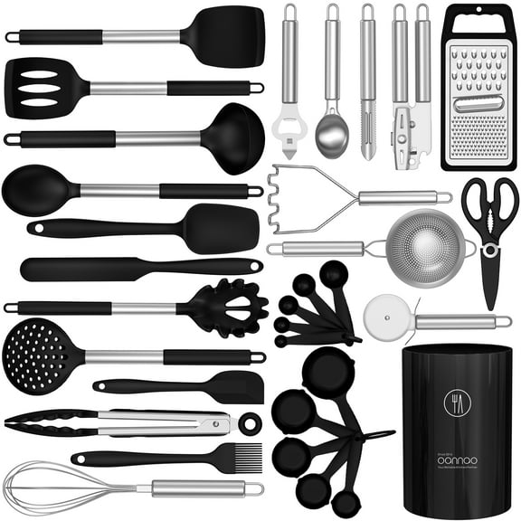 Silicone Cooking Utensils Set - Heat Resistant Silicone Kitchen Utensils for Cooking, Kitchen Utensil Spatula Set,BPA FREE Kitchen Gadgets Tools for Non-Stick Cookware Dishwasher Safe (Black)