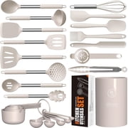 Large Silicone Cooking Utensils Set - Heat Resistant Kitchen Utensils,Turner Tongs,Spatula,Spoon,Brush,Whisk,Stainless Steel Silicone Cooking Tool for Nonstick Cookware,Dishwasher Safe Khaki
