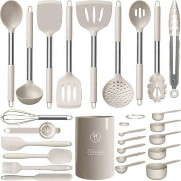 Silicone Cooking Utensils Set - Heat Resistant Stainless Steel Kitchen Utensils, Baking Tools Kitchen Gadgets,Turner, Tongs,Spatula,Spoon,Brush,Whisk,Non-Stick, Dishwasher Safe,BPA FREE (Khaki)