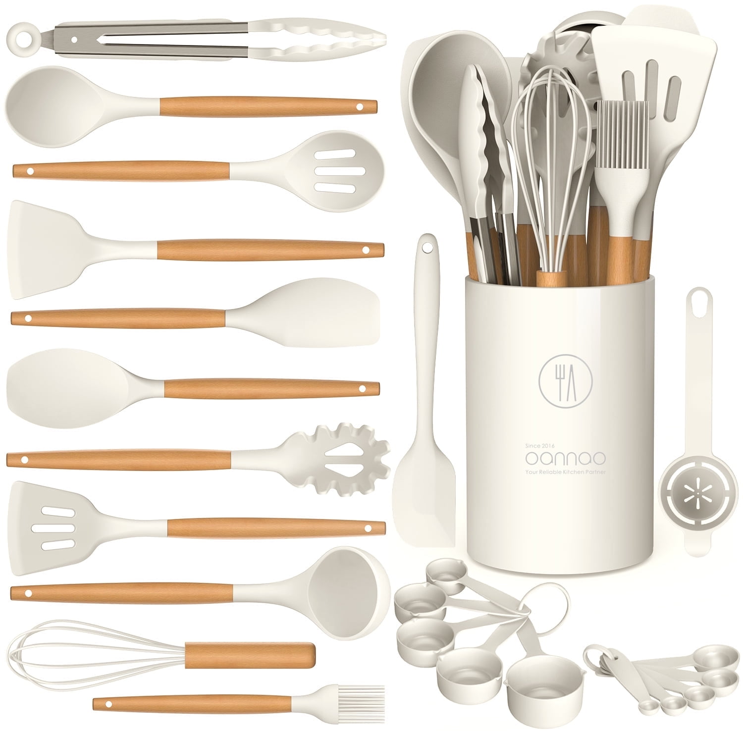 Cream White Silicone Cooking Utensils Set with Wooden Handles