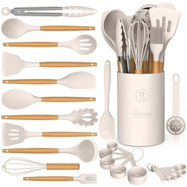 Silicone Cooking Utensils Set - Silicone Kitchen Utensils for Cooking Wooden Handles, 446�F Heat Resistant Kitchen Utensil Spatula Sets w Holder, Gadgets for Non-Stick Cookware BPA FREE (Khaki)