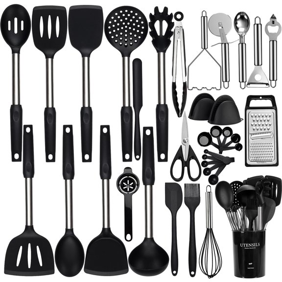 Silicone Cooking Utensils Set, NCUE 35 Pcs Kitchen Utensils Set with Holder, with Stainless Steel Handle Spatula Set, Spoons, Pasta Server, Cheese Grater, Masher, Scissors, Dishwasher Safe (Black)