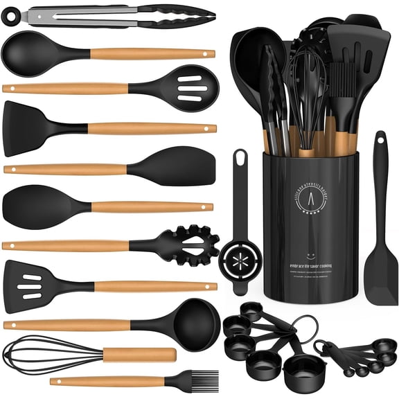 Silicone Cooking Utensils Set - Kitchen for Wooden Handles, 446°F Heat Resistant Utensil Spatula Sets, Gadgets Non-Stick Cookware BPA FREE (Black)