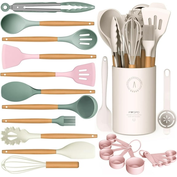 Silicone Cooking Utensils Set - Silicone Kitchen Utensils for Cooking Wooden Handles, 446F Heat Resistant Kitchen Utensil Spatula Sets, Gadgets for Non-Stick Cookware BPA FREE (Multicolour)