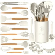 Silicone Cooking Utensils Set - Silicone Kitchen Utensils for Cooking Wooden Handles, 446 F Heat Resistant Kitchen Utensil Spatula Sets w Holder, Gadgets for Non-Stick Cookware BPA FREE Cream White