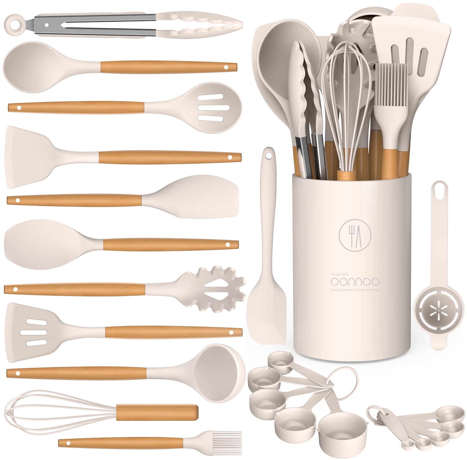 Silicone Cooking Utensils Set - Silicone Kitchen Utensils for Cooking Wooden Handles, 446�F Heat Resistant Kitchen Utensil Spatula Sets w Holder, Gadgets for Non-Stick Cookware BPA FREE (Khaki)