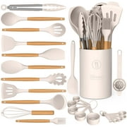 Silicone Cooking Utensils Set - Silicone Kitchen Utensils for Cooking Wooden Handles, 446 F Heat Resistant Kitchen Utensil Spatula Sets w Holder, Gadgets for Non-Stick Cookware BPA FREE Khaki