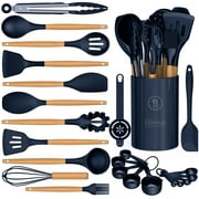 Silicone Cooking Utensils Set - Silicone Kitchen Utensils for Cooking Wooden Handles, 446 F Heat Resistant Kitchen Utensil Spatula Sets w Holder, Gadgets for Non-Stick Cookware BPA FREE Navy Blue