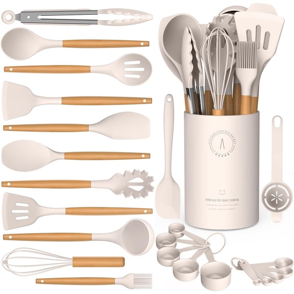 Silicone Cooking Utensils Set -  Silicone Kitchen Utensils for Cooking Wooden Handles, 446°F Heat Resistant Kitchen Utensil Spatula Sets w Holder, Gadgets for Non-Stick Cookware BPA FREE (Khaki)