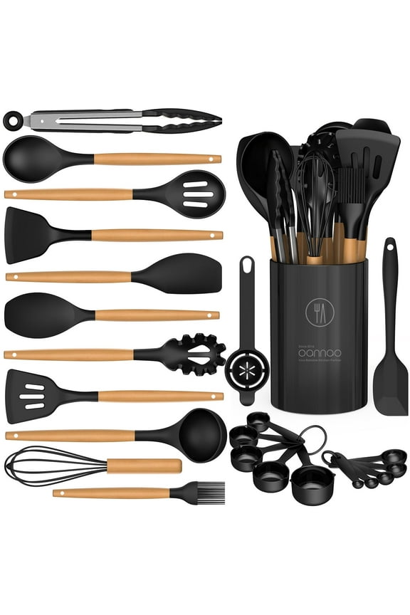 Silicone Cooking Utensils Set - Silicone Kitchen Utensils for Cooking Wooden Handles, 446°F Heat Resistant Kitchen Utensil Spatula Sets w Holder, Gadgets for Non-Stick Cookware BPA FREE (Black)