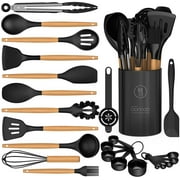Silicone Cooking Utensils Set - Silicone Kitchen Utensils for Cooking Wooden Handles, 446 F Heat Resistant Kitchen Utensil Spatula Sets w Holder, Gadgets for Non-Stick Cookware BPA FREE Black