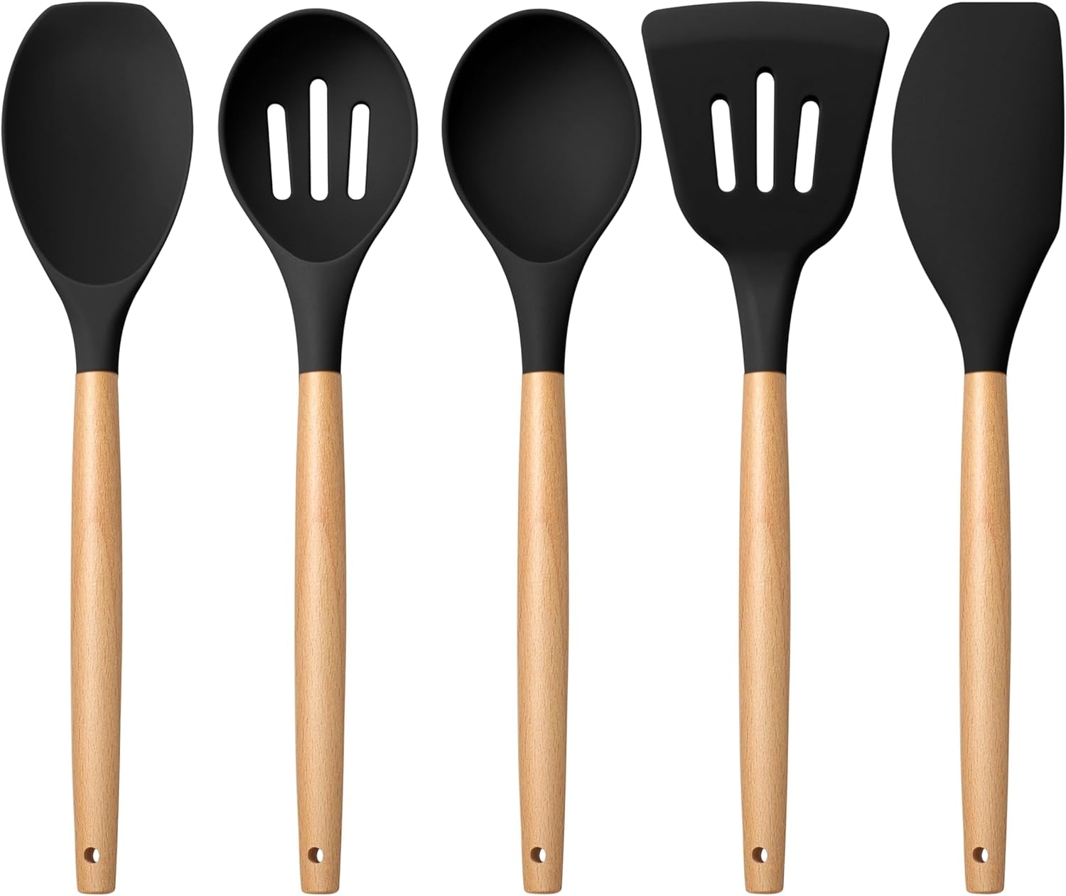 Silicone Cooking Utensils Set with Heat Resistant Wood Handles, 5PCS ...