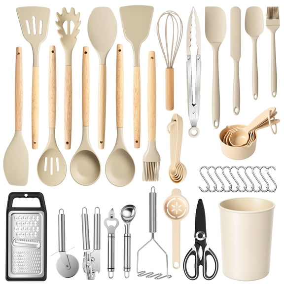 Silicone Cooking Utensils Set with Holder, 44 PCS Kitchen Utensils Set, Silicone Kitchen Gadgets Spatulas Set for Nonstick Cookware, Khaki