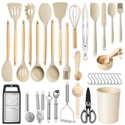 Silicone Cooking Utensils Set with Holder, 44 PCS Kitchen Utensils Set, Silicone Kitchen Gadgets Spatulas Set for Nonstick Cookware, Khaki