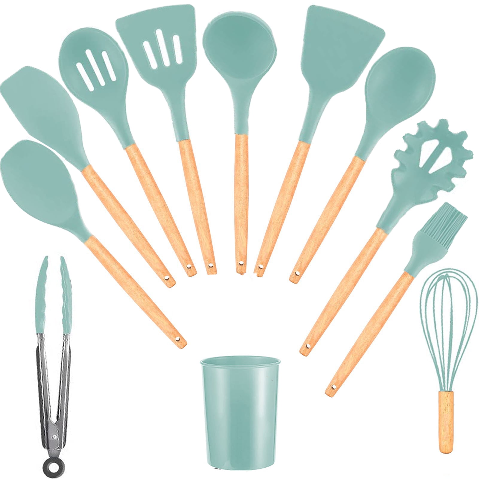Silicone Cooking Utensils Set,with Wooden Handle (Dishwasher Safe