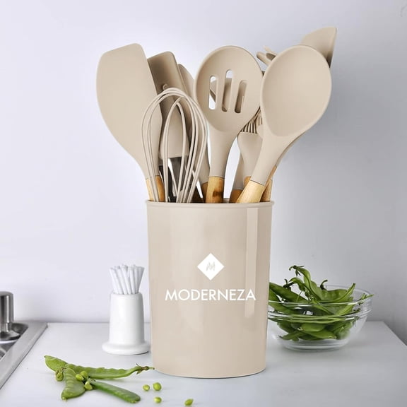 Silicone Cooking Utensils Set with Wooden Handles, Non-Toxic Heat Resistant Kitchen Tools for Baking and Cooking