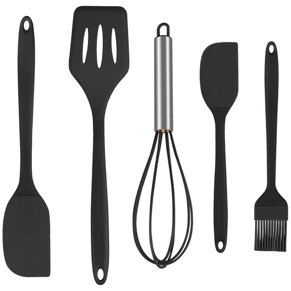 Silicone Cooking Utensils Sets,AILKIN 5-Piece Kitchen Utensil Set 600F Heat Resistant Non-stick Rubber Cookware Kitchen Silicone Cooking Utensils with Spatulas,Whisk,BPA Free,Black
