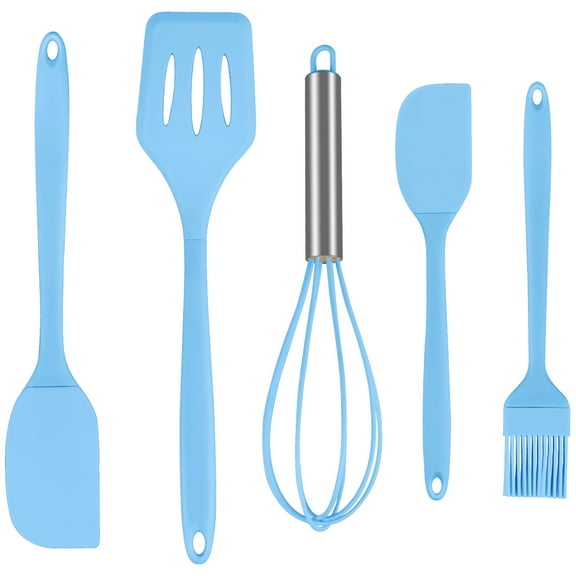 Silicone Cooking Utensils Sets,AILKIN 5-Piece Kitchen Utensil Set 600F Heat Resistant Non-stick Rubber Cookware Kitchen Silicone Cooking Utensils with Spatulas,Whisk,BPA Free,Blue