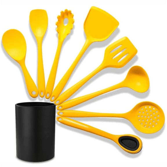 Silicone Cooking Utensils | Wooden Handle Non-Stick Cookware Heat Resistant Kitchen Utensil Spatula Slotted Solid Spoon Slotted Turner and Spaghetti Server Yellow